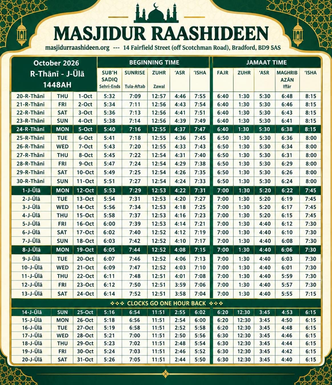 Timetable published by Masjidur Raashideen for October 2026