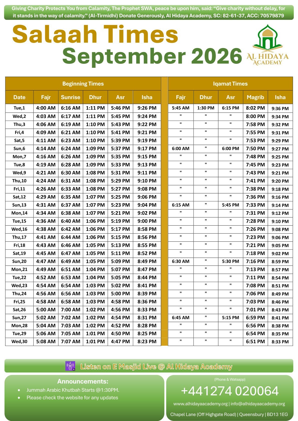 Timetable published by Al Hidaya Academy for September 2026