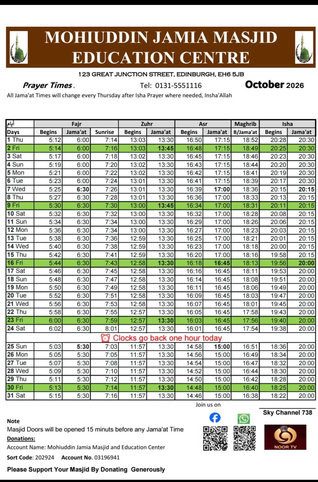 Timetable published by Mohiuddin Masjid for October 2026