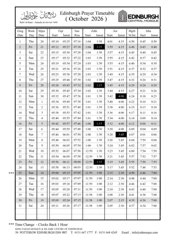 Timetable published by Edinburgh Central Masjid for October 2026