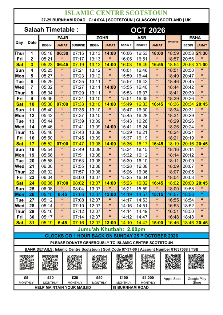Timetable published by Masjid Umar for October 2026