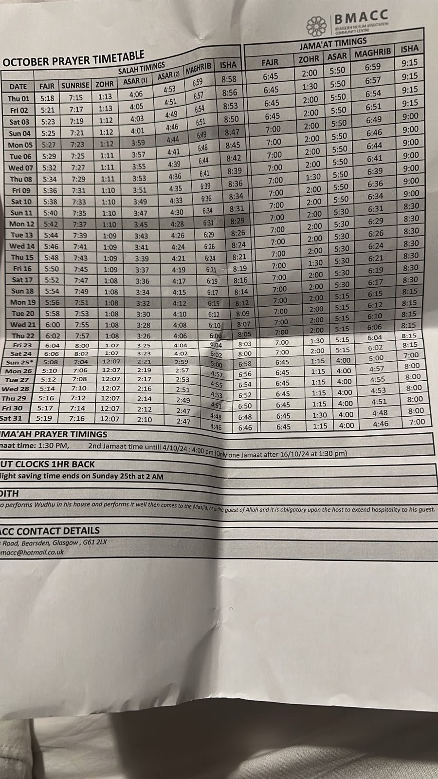 Timetable published by Bearsden Muslim Association Community Centre for October 2026
