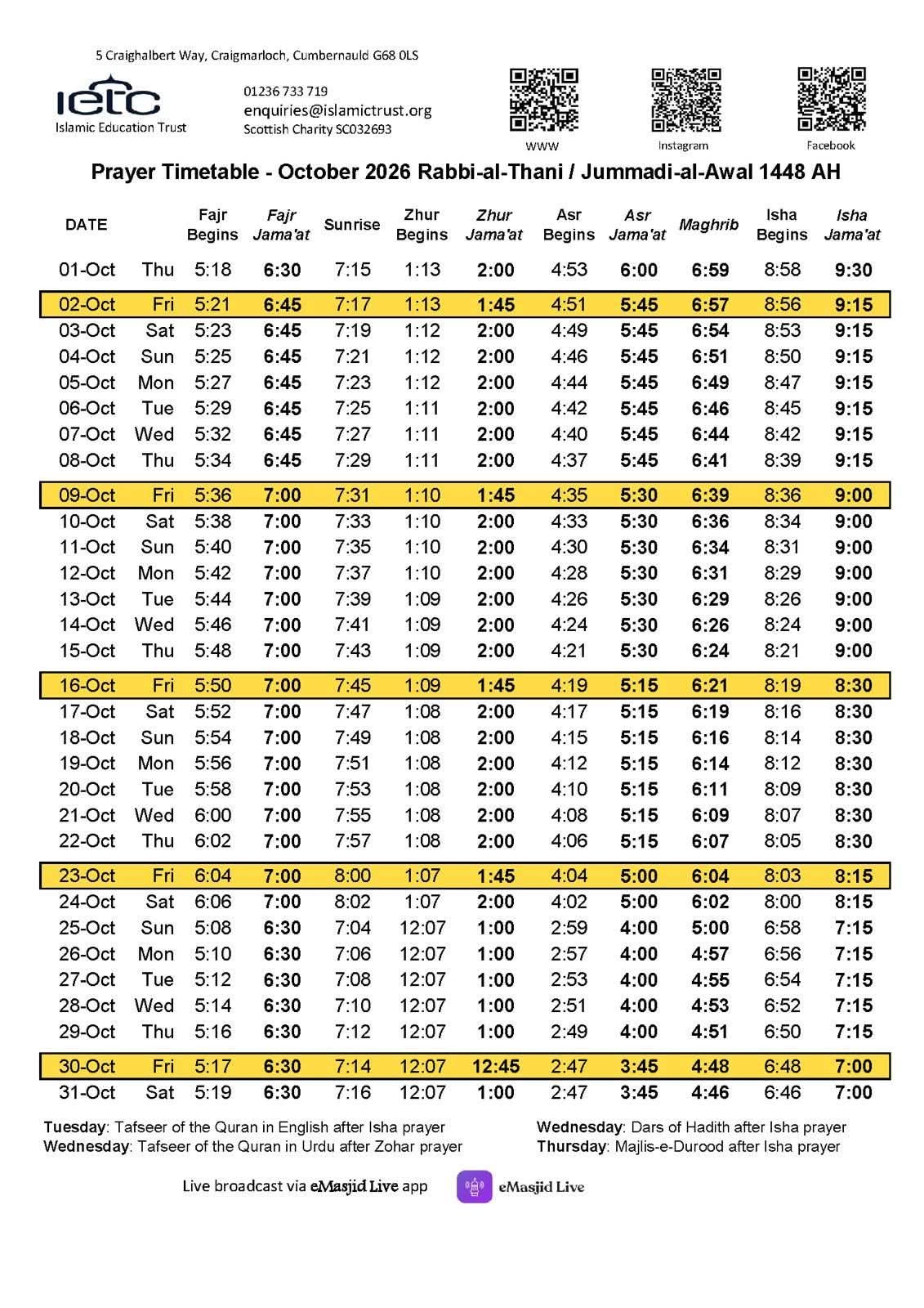 Timetable published by Islamic Education Trust Cumbernauld for October 2026