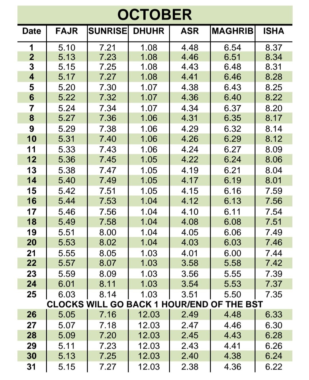 Timetable published by Inverness Mosque & Islamic Community & Education Centre for October 2026