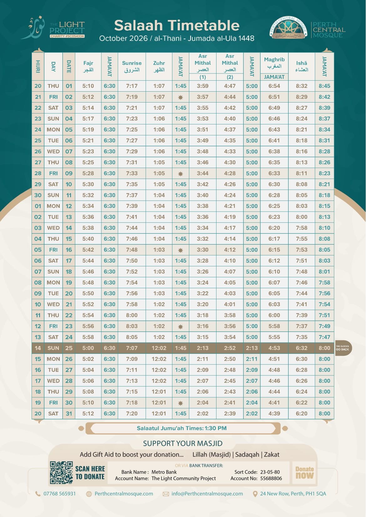 Timetable published by Perth Central Mosque for October 2026