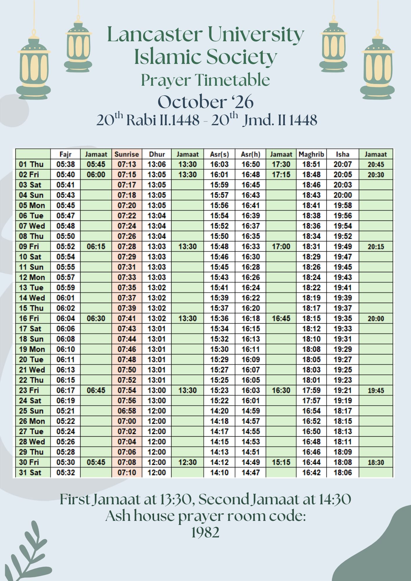 Timetable published by Lancaster University Islamic Society Prayer Rooms for October 2026