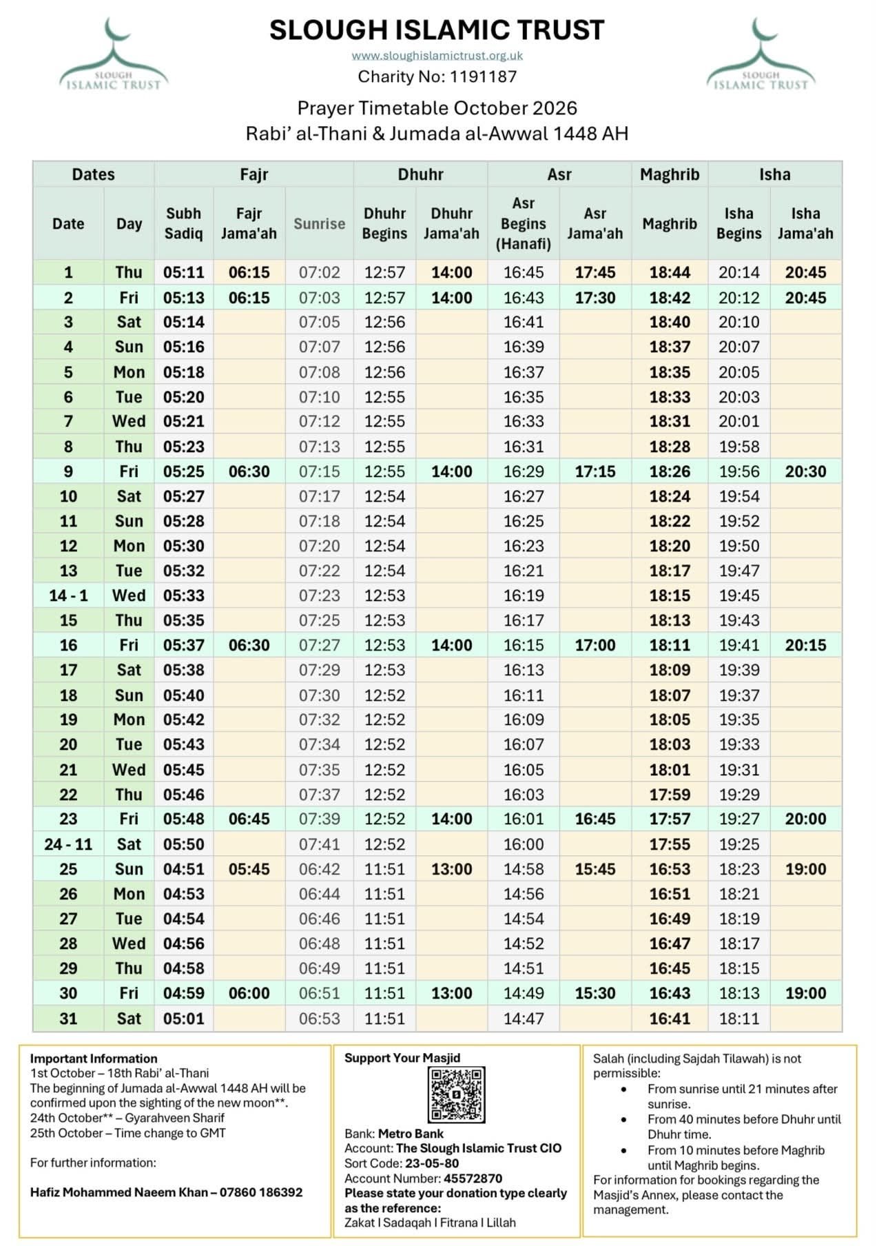 Timetable published by Jamia Masjid Ghousia - Slough Islamic Trust for October 2026