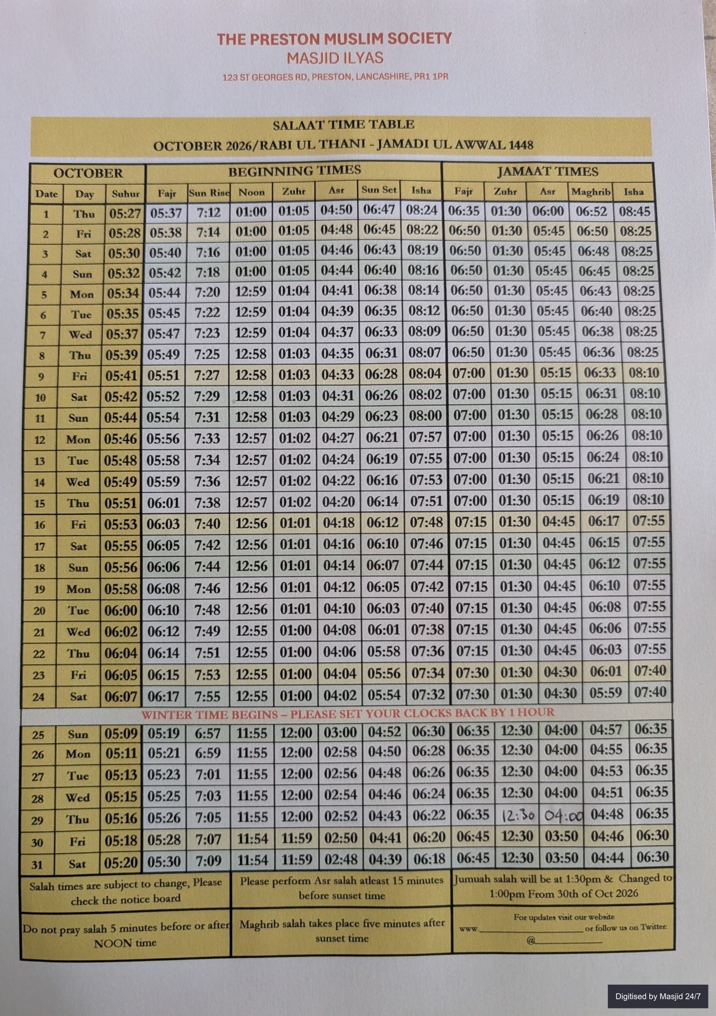 Timetable published by Masjid Ilyas for October 2026