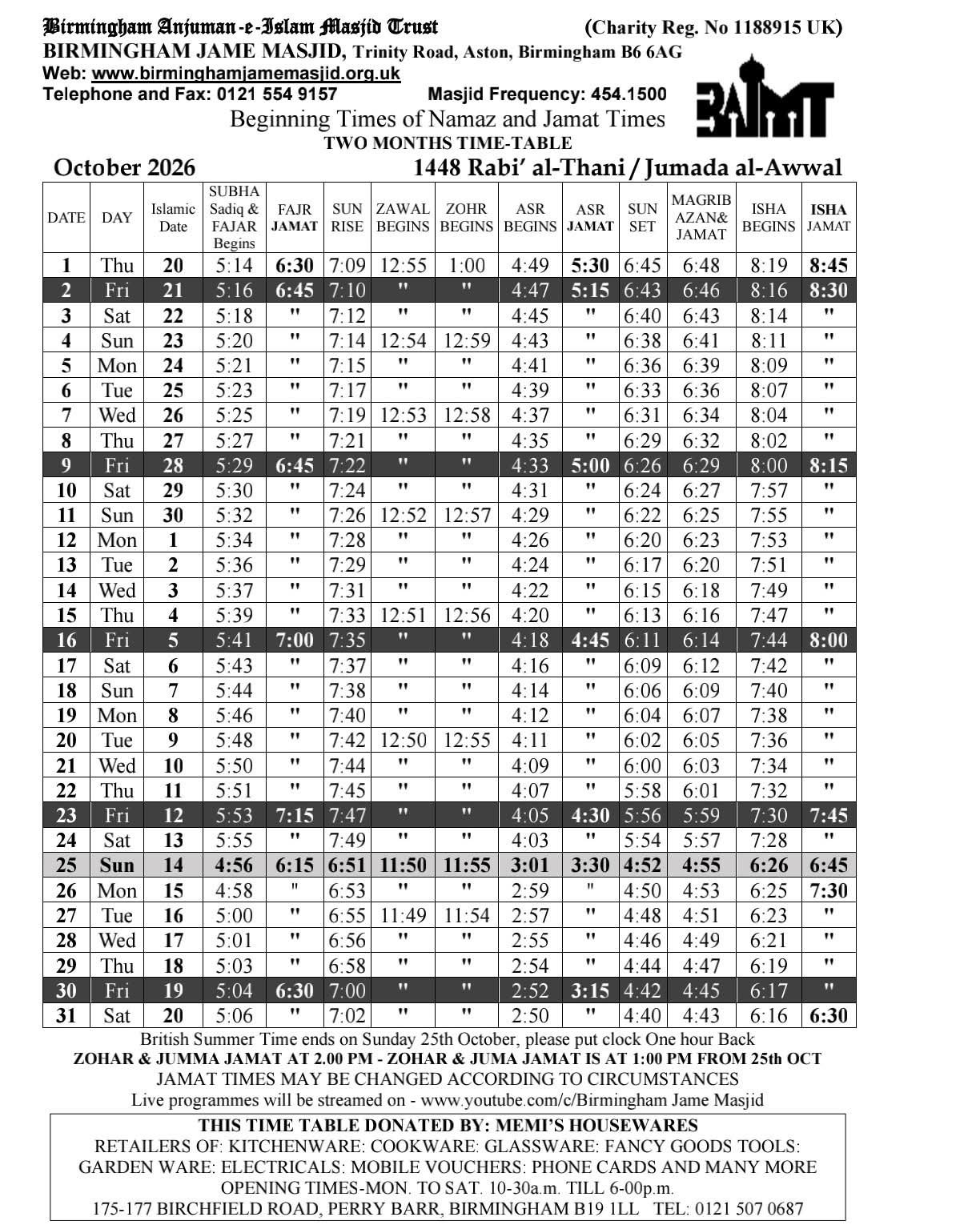 Timetable published by Birmingham Jame Masjid for October 2026