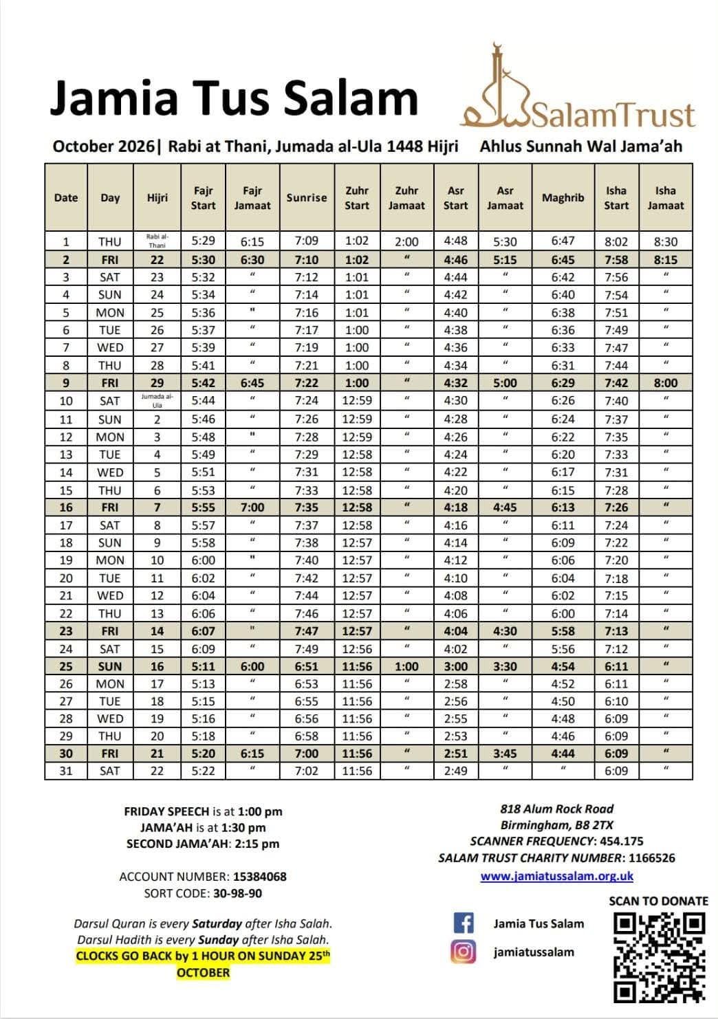 Timetable published by Jamia Tus Salam for October 2026