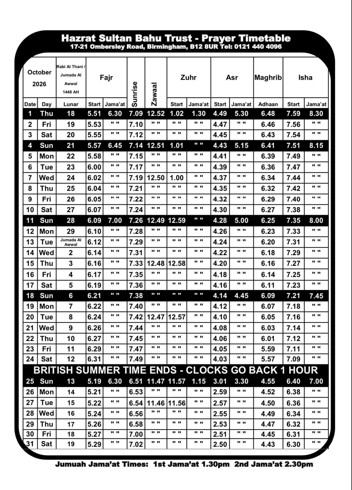 Timetable published by Hazrat Sultan Bahu Trust for October 2026
