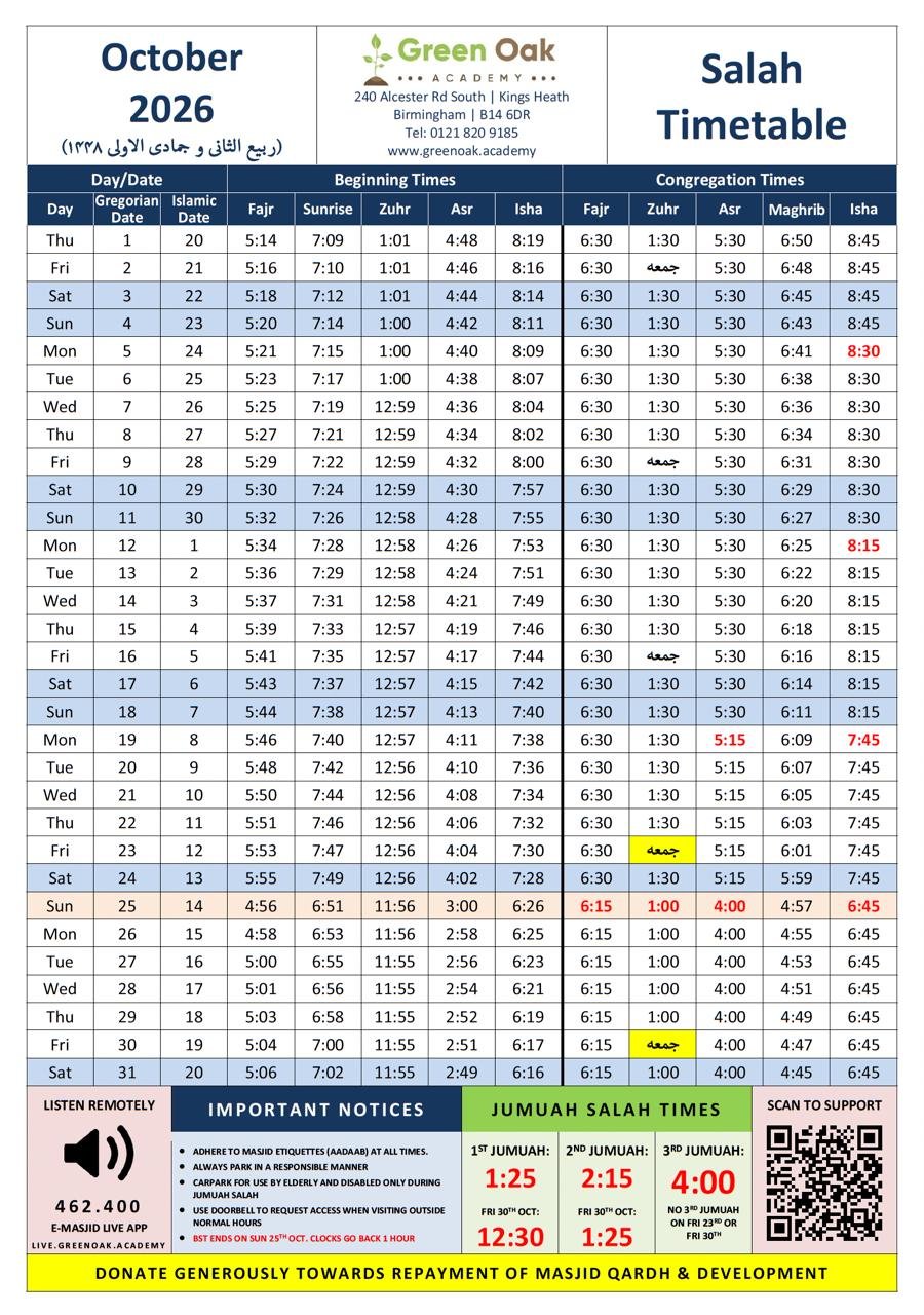 Timetable published by Green Oak Academy for October 2026