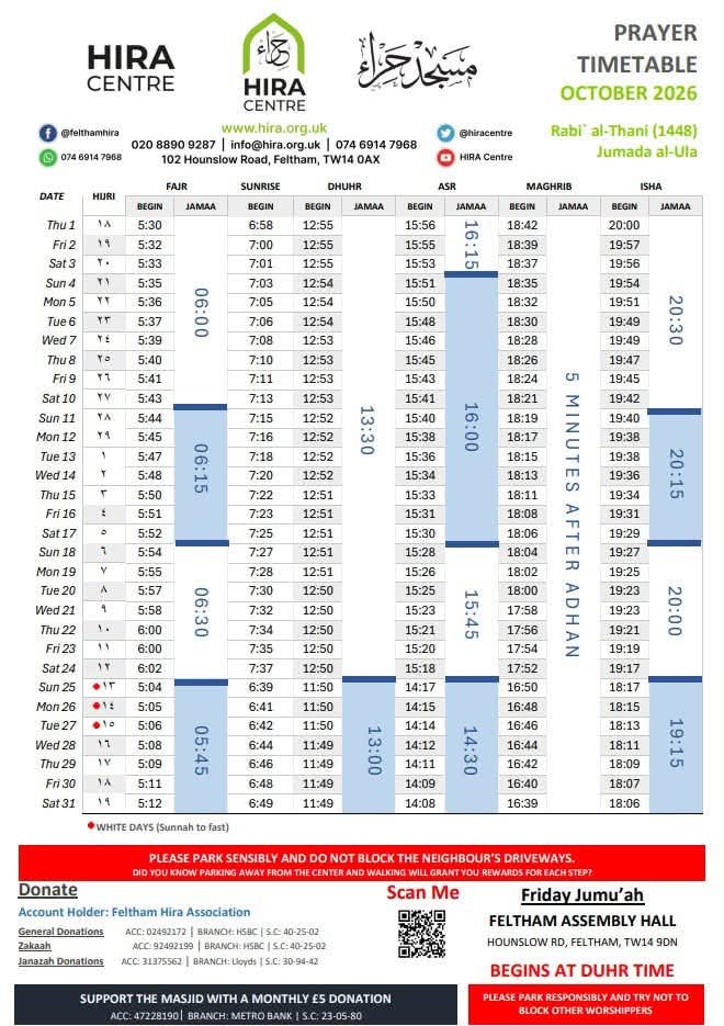 Timetable published by Feltham Hira Centre for October 2026