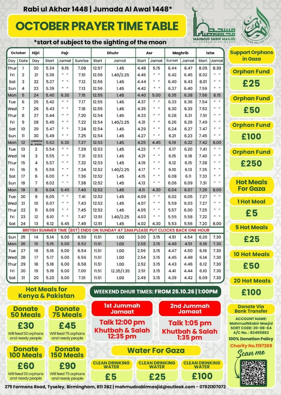 Timetable published by Mahmud Sabir Masjid for October 2026