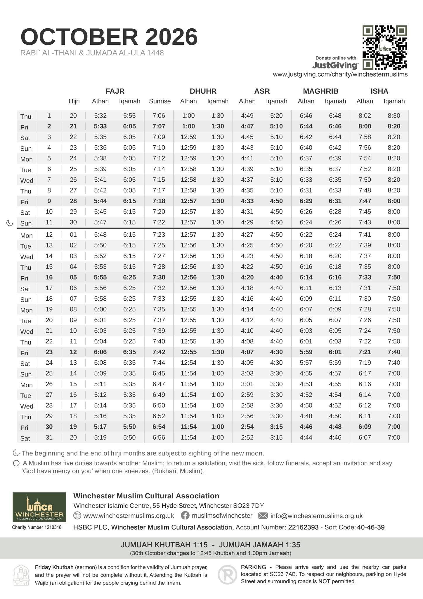 Timetable published by Winchester Islamic Centre for October 2026