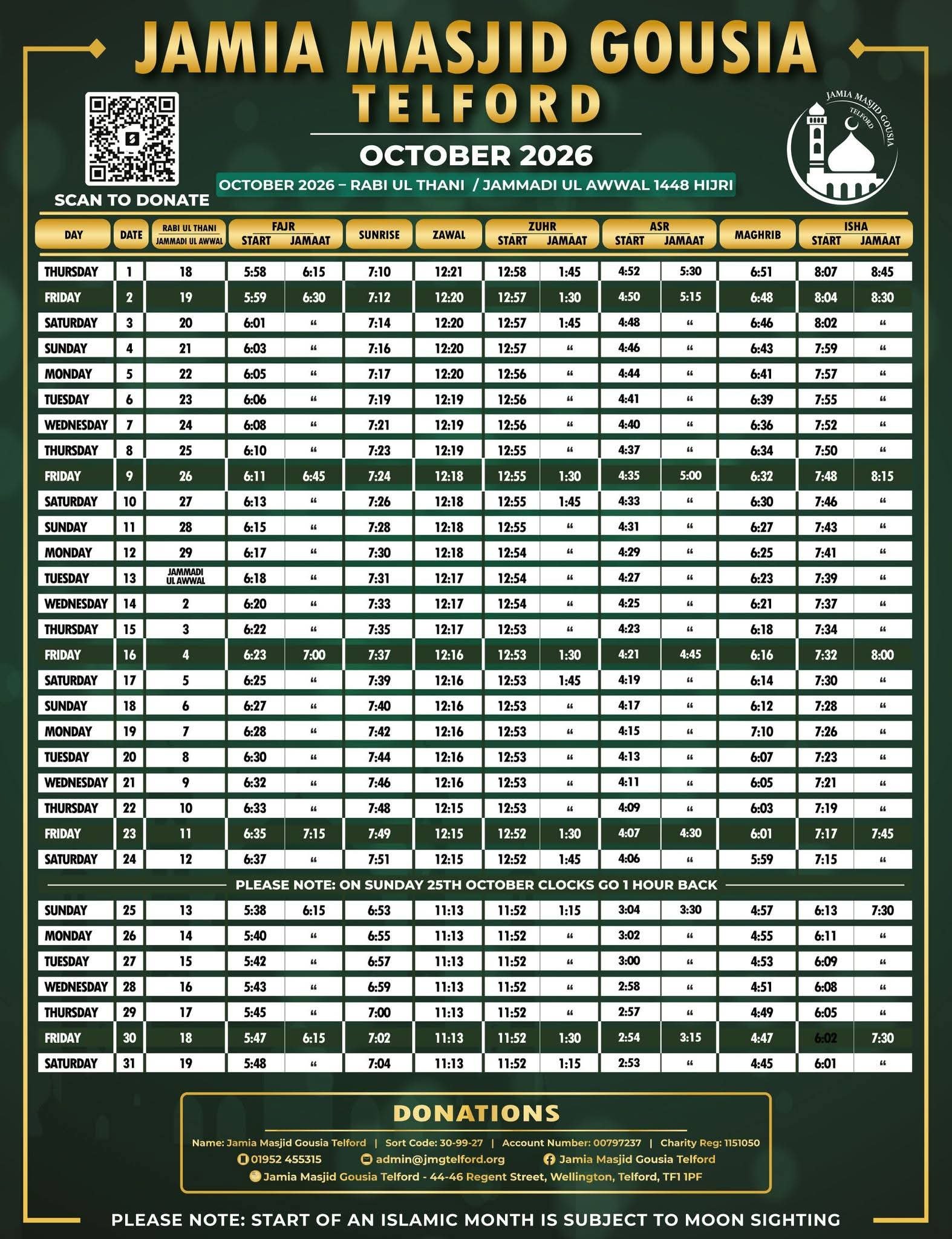 Timetable published by Jamia Masjid Gousia for October 2026