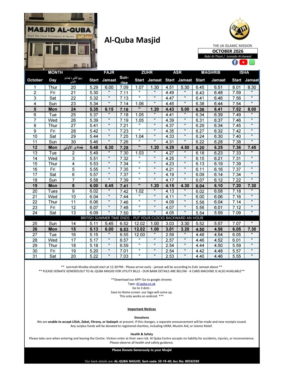 Timetable published by Al- Quba Masjid for October 2026