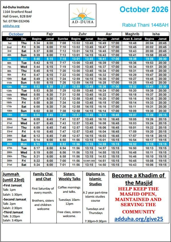 Timetable published by Ad-Duha Institute for October 2026