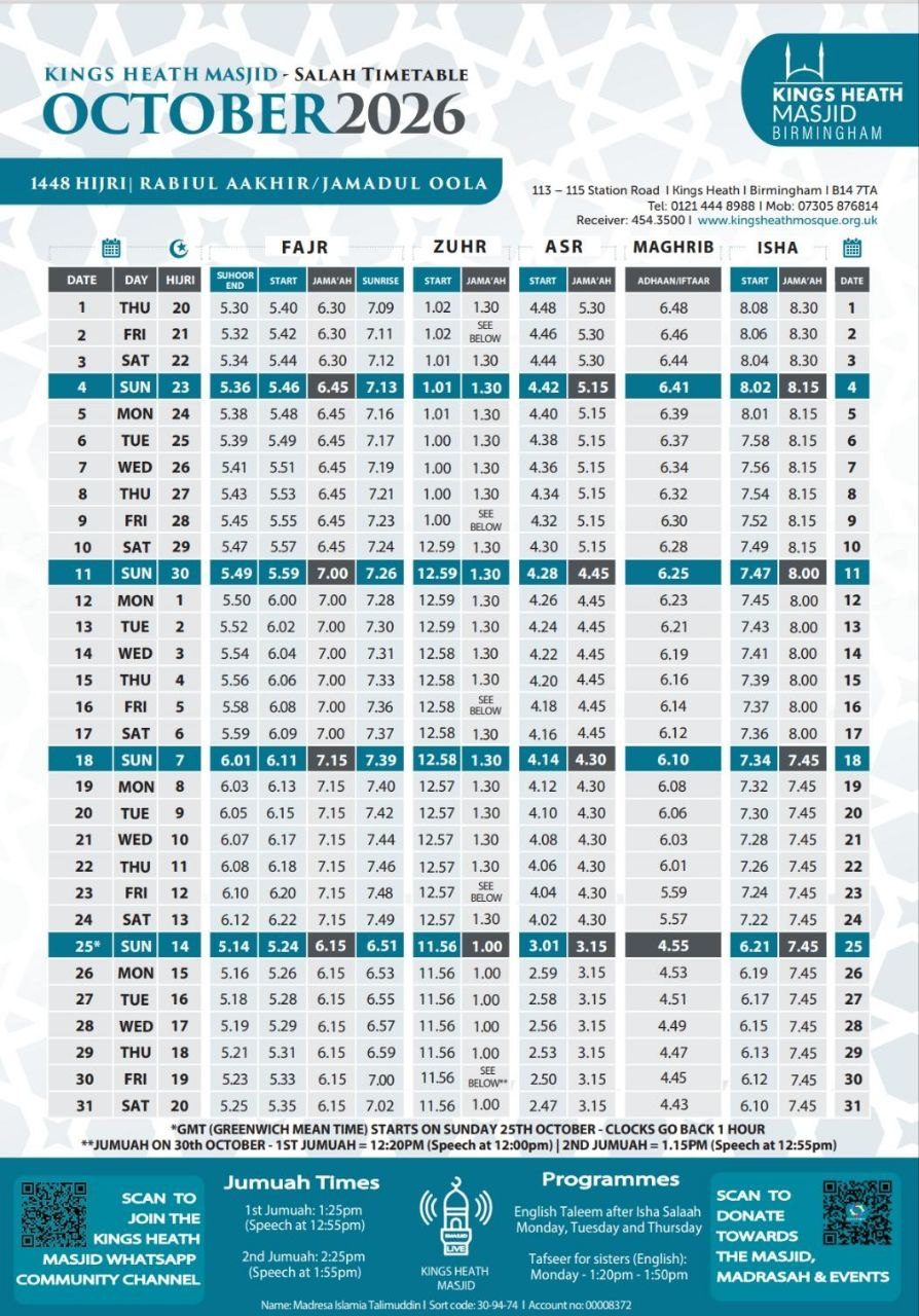 Timetable published by Kings Heath Masjid for October 2026
