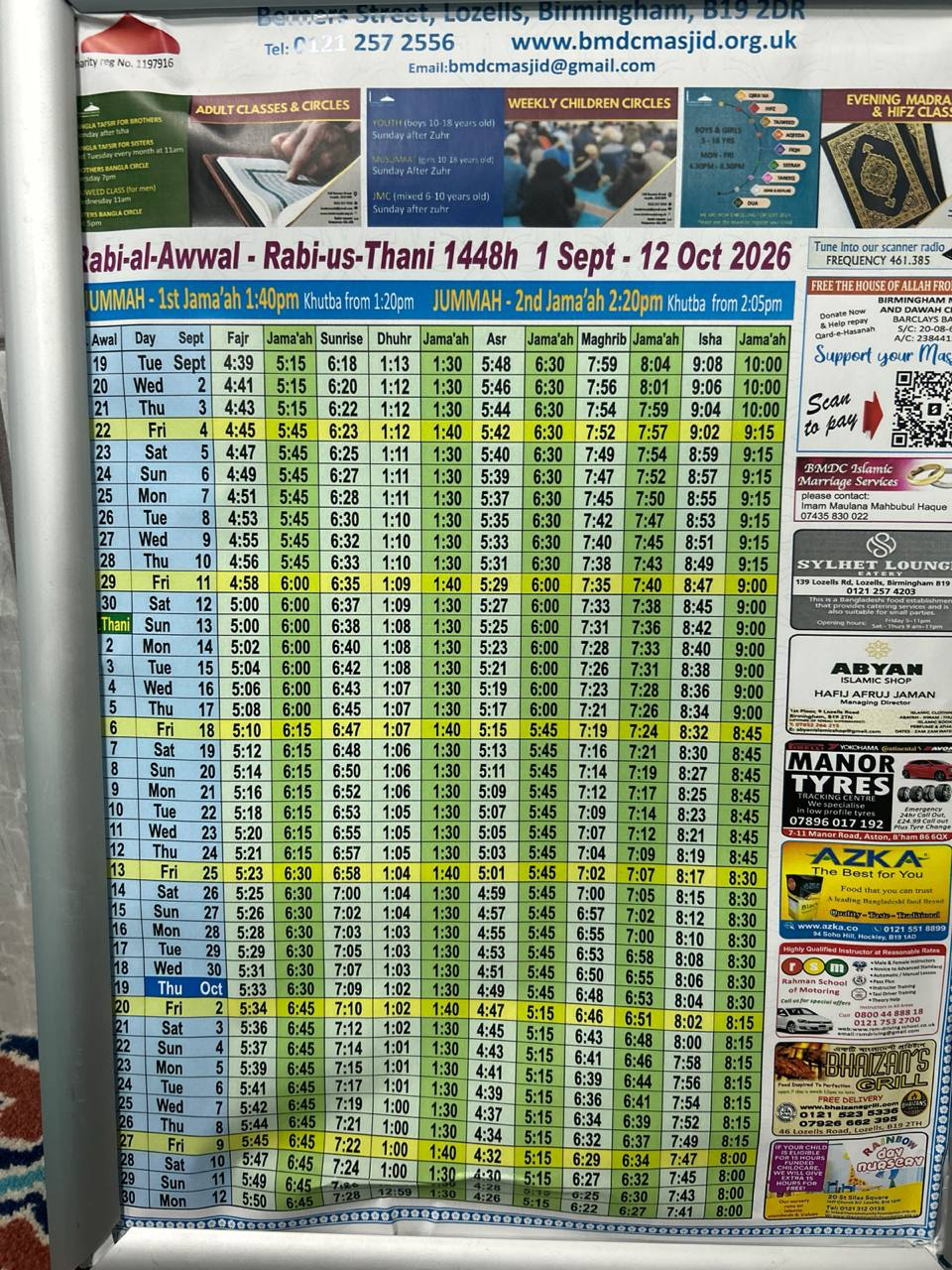 Timetable published by BMDC Masjid for October 2026