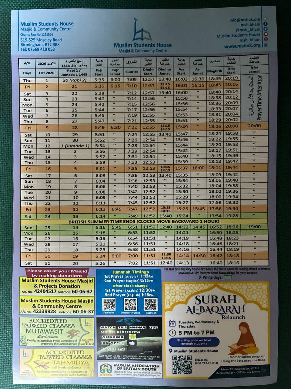 Timetable published by Muslim Students House for October 2026
