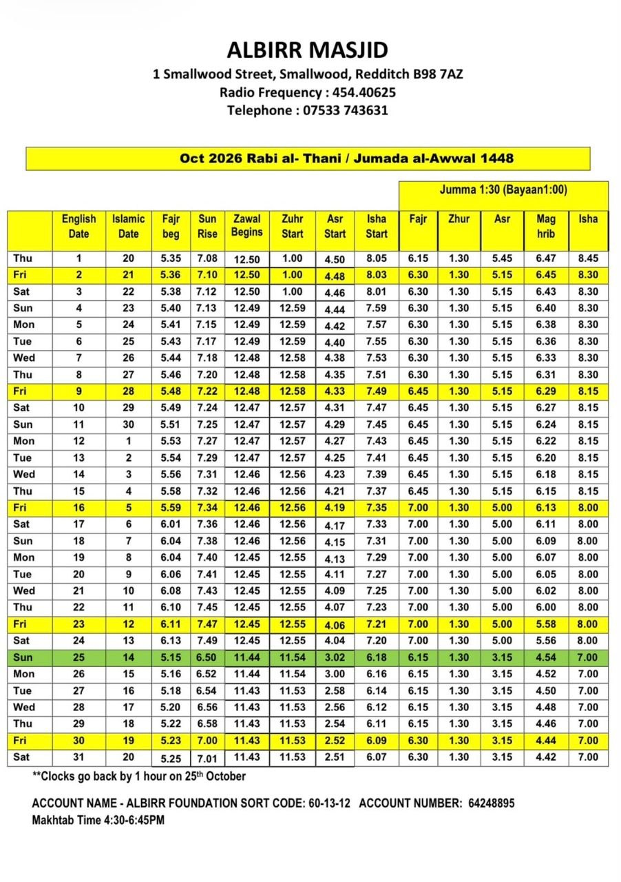 Timetable published by Albirr Masjid for October 2026