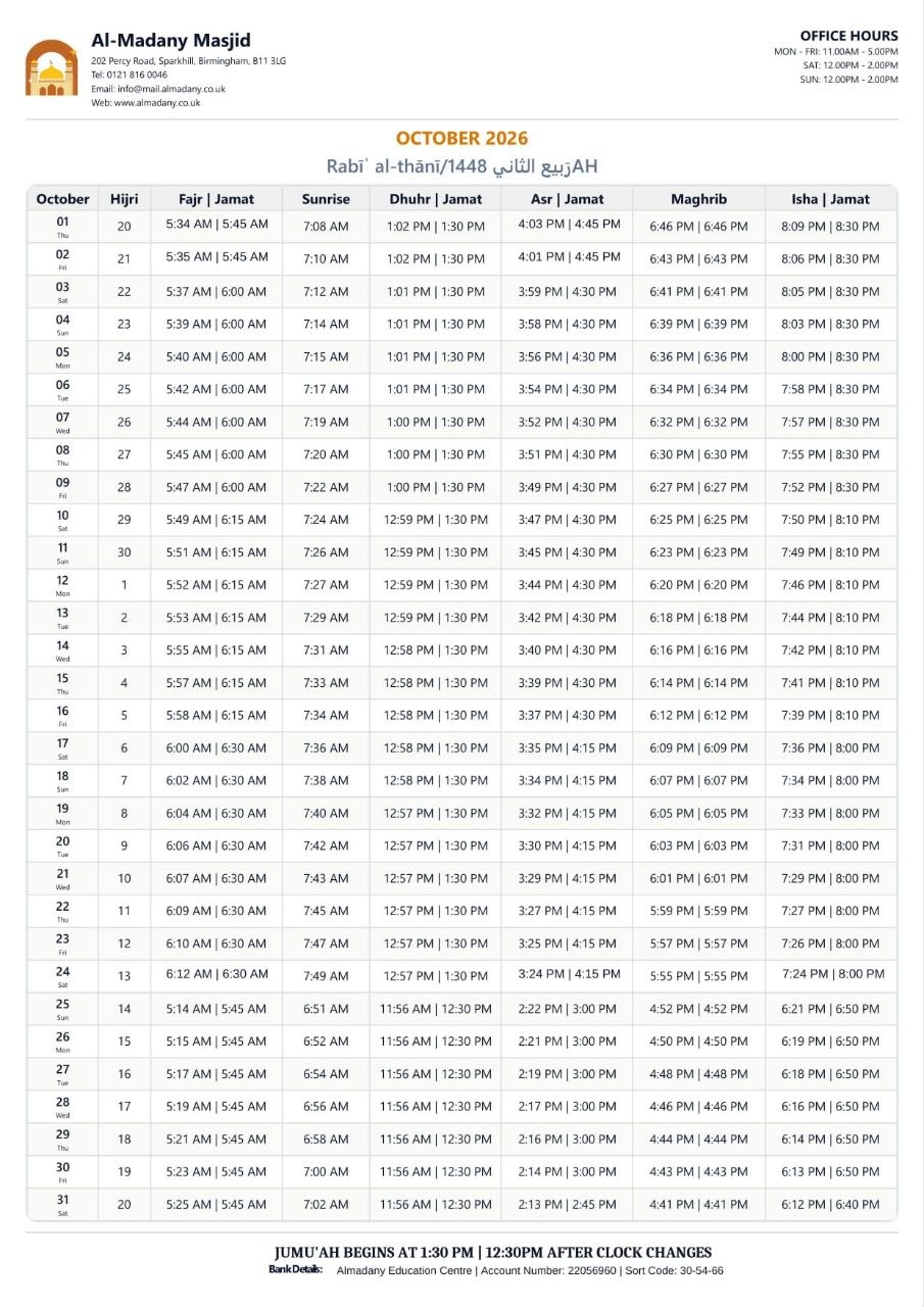 Timetable published by Al-Madany Masjid for October 2026