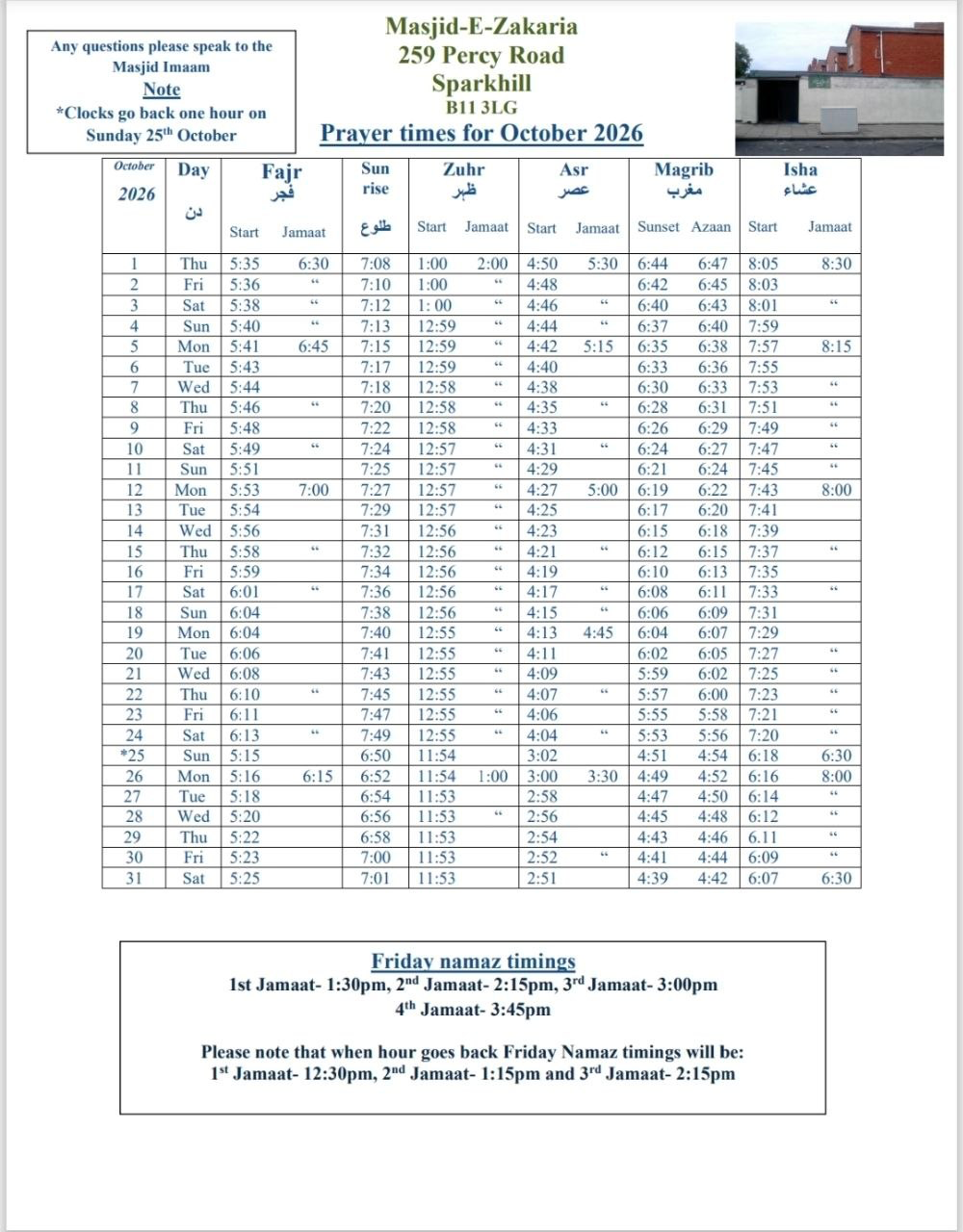 Timetable published by Masjid-E-Zakaria for October 2026