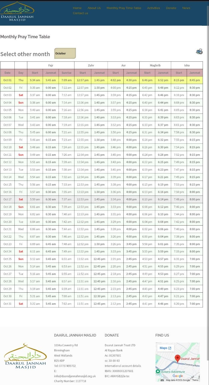 Timetable published by Daarul Jannah Masjid for October 2026