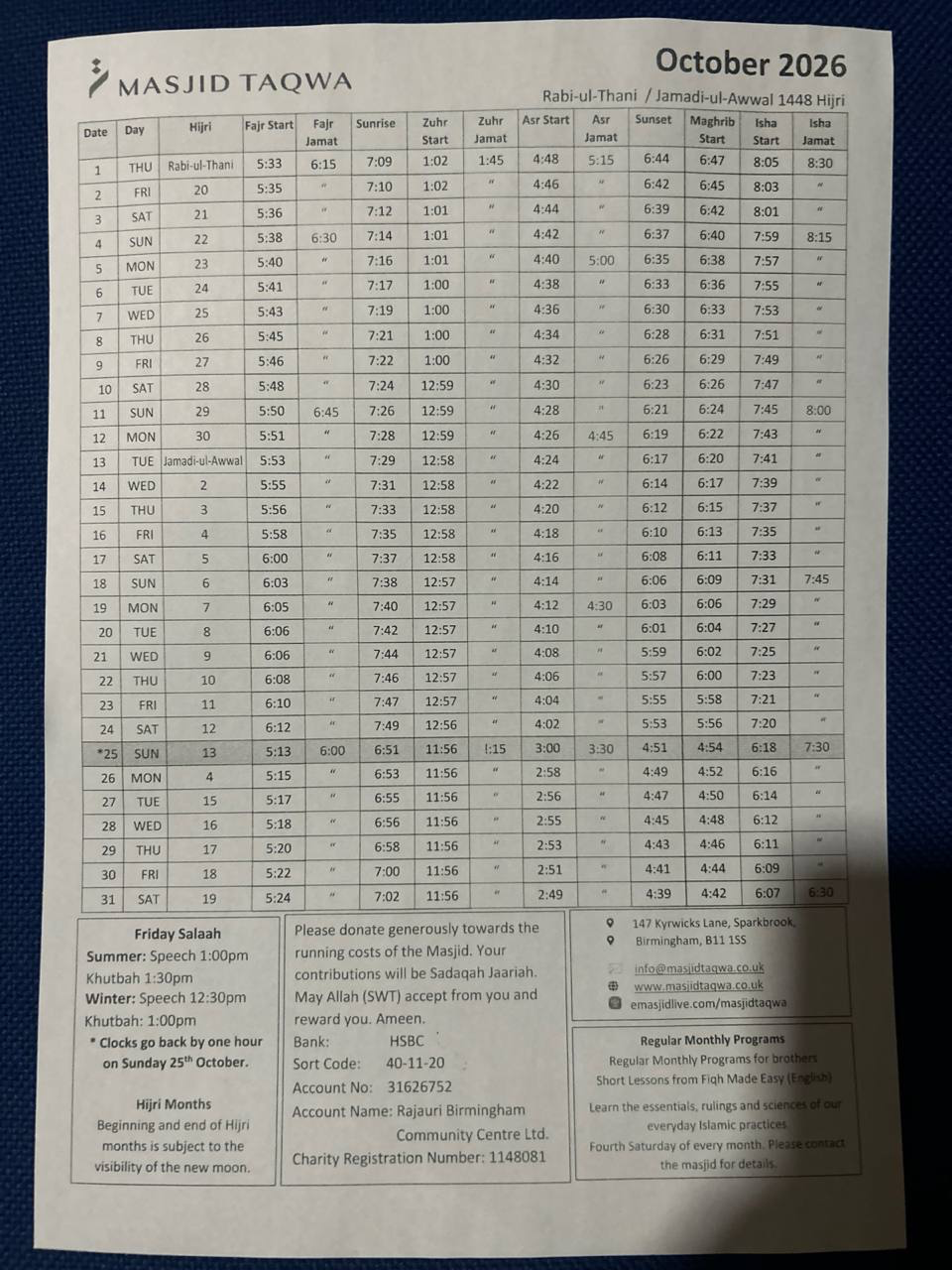 Timetable published by Masjid Taqwa for October 2026