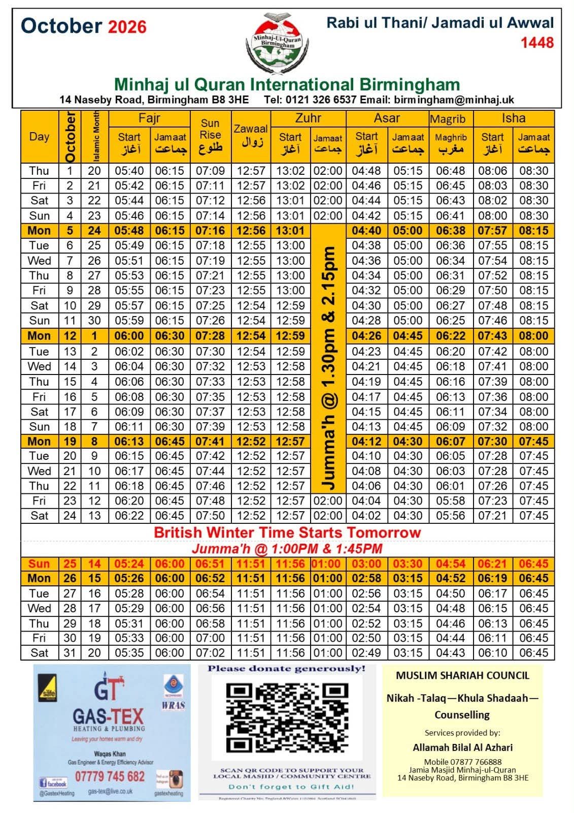 Timetable published by Minhaj ul Quran International Birmingham for October 2026