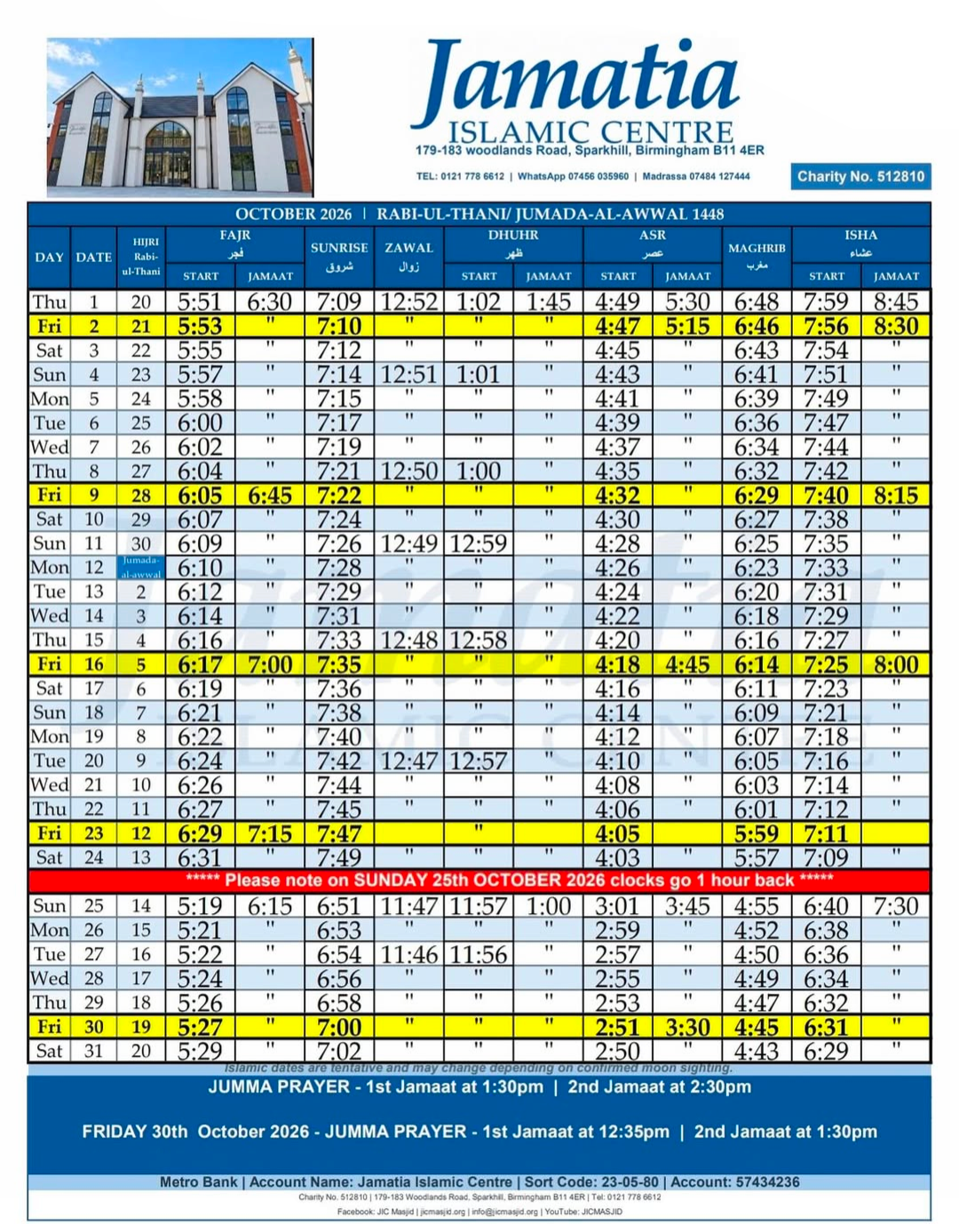 Timetable published by Jamatia Islamic Centre for October 2026