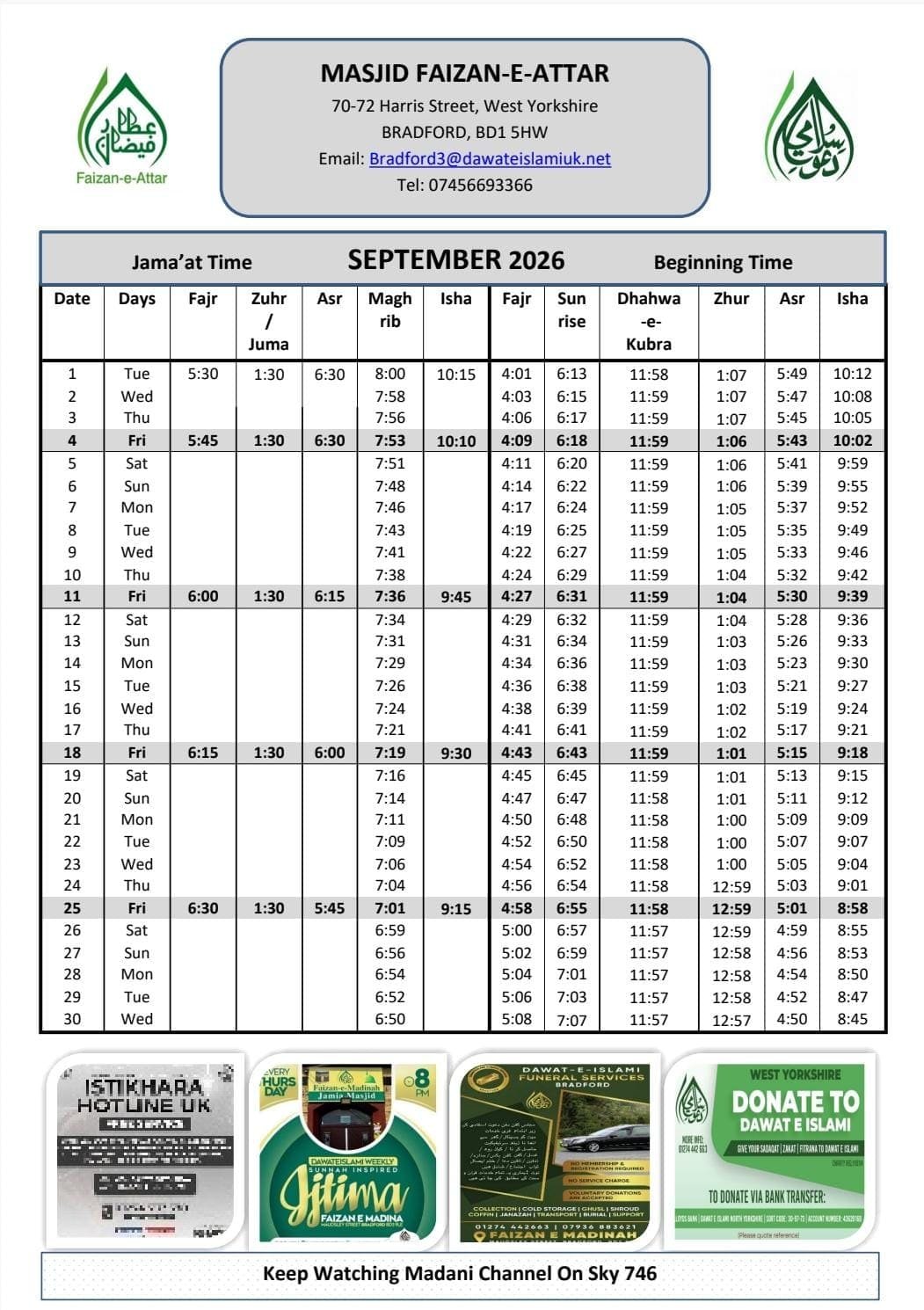 Timetable published by Faizan-e-Attar for September 2026