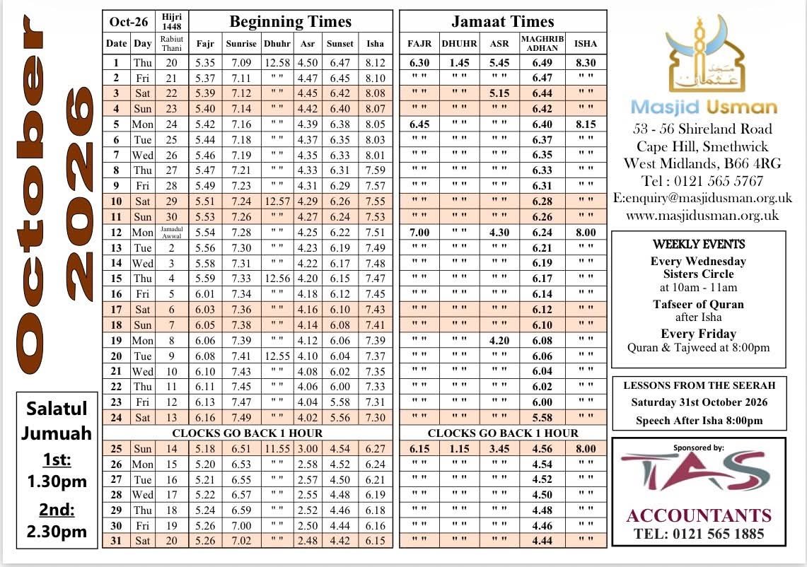 Timetable published by Masjid Usman for October 2026