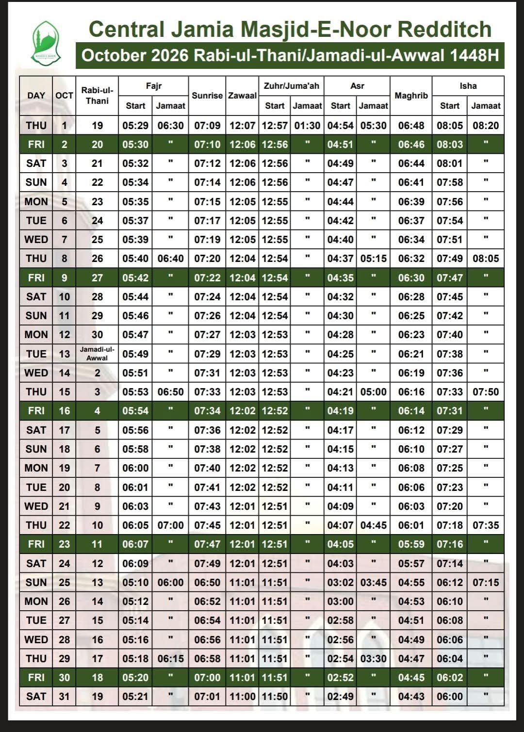 Timetable published by Central Jamia Masjid-E-Noor Redditch for October 2026