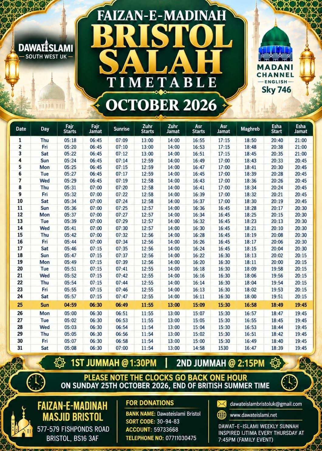 Timetable published by Faizan-e-Madinah (Bristol) for October 2026