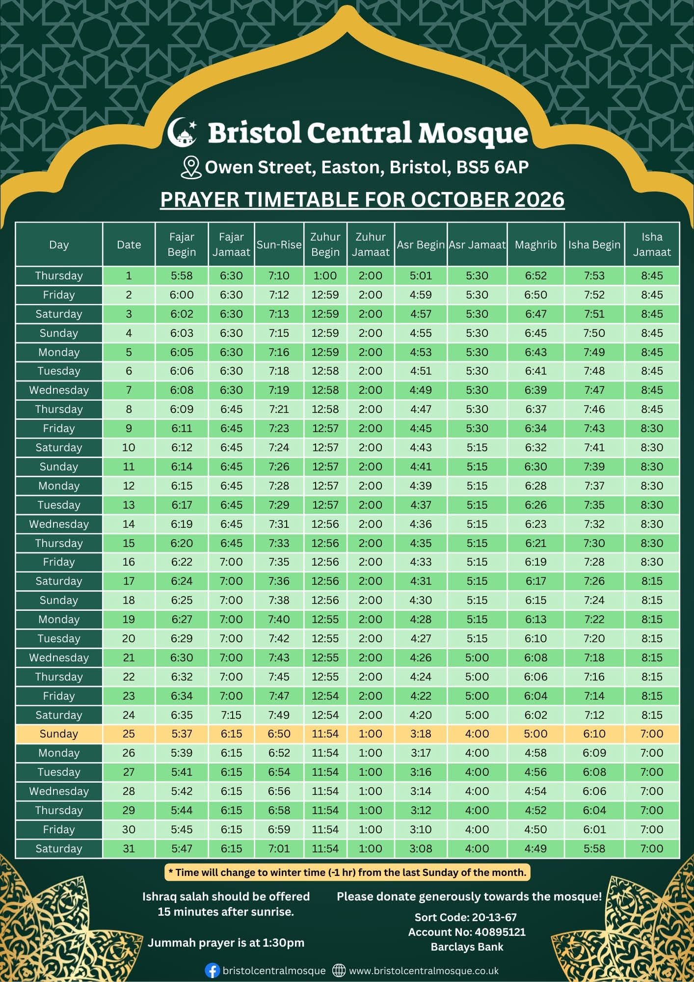Timetable published by Bristol Central Mosque for October 2026
