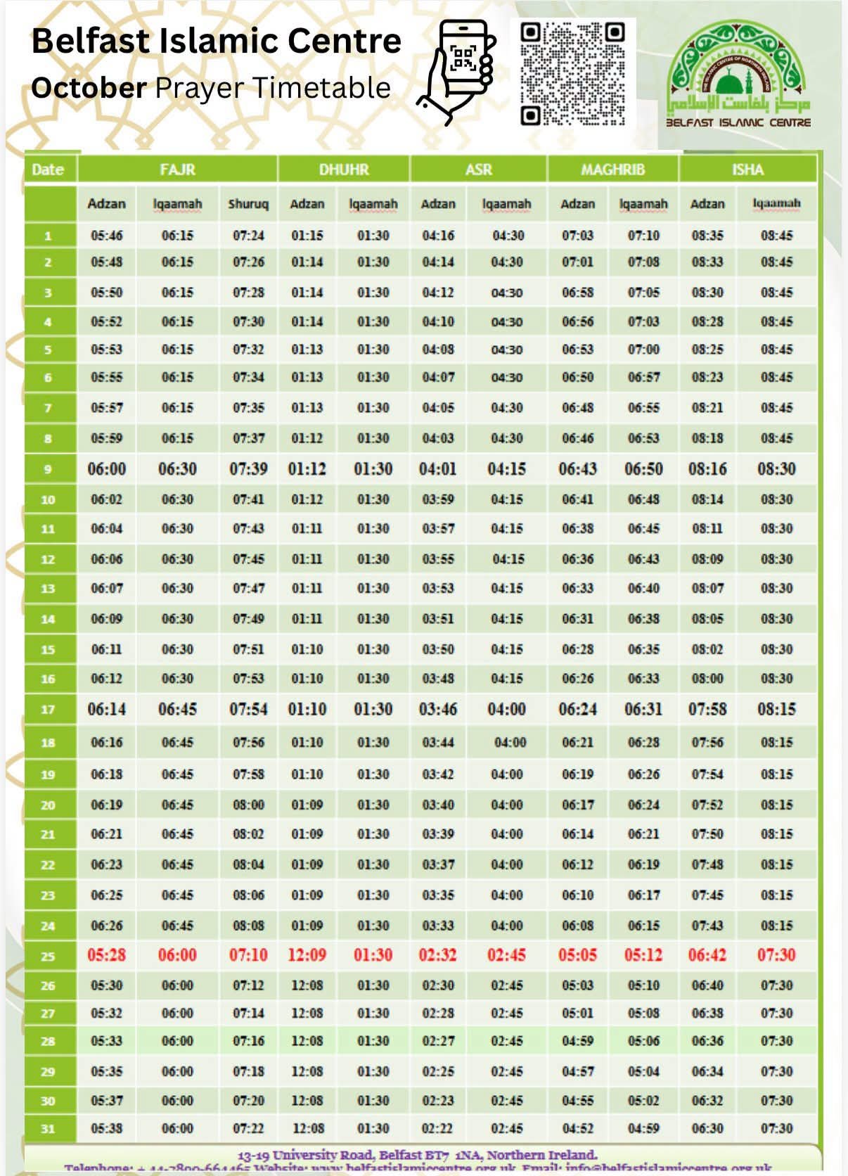Timetable published by Belfast Islamic Centre for October 2026