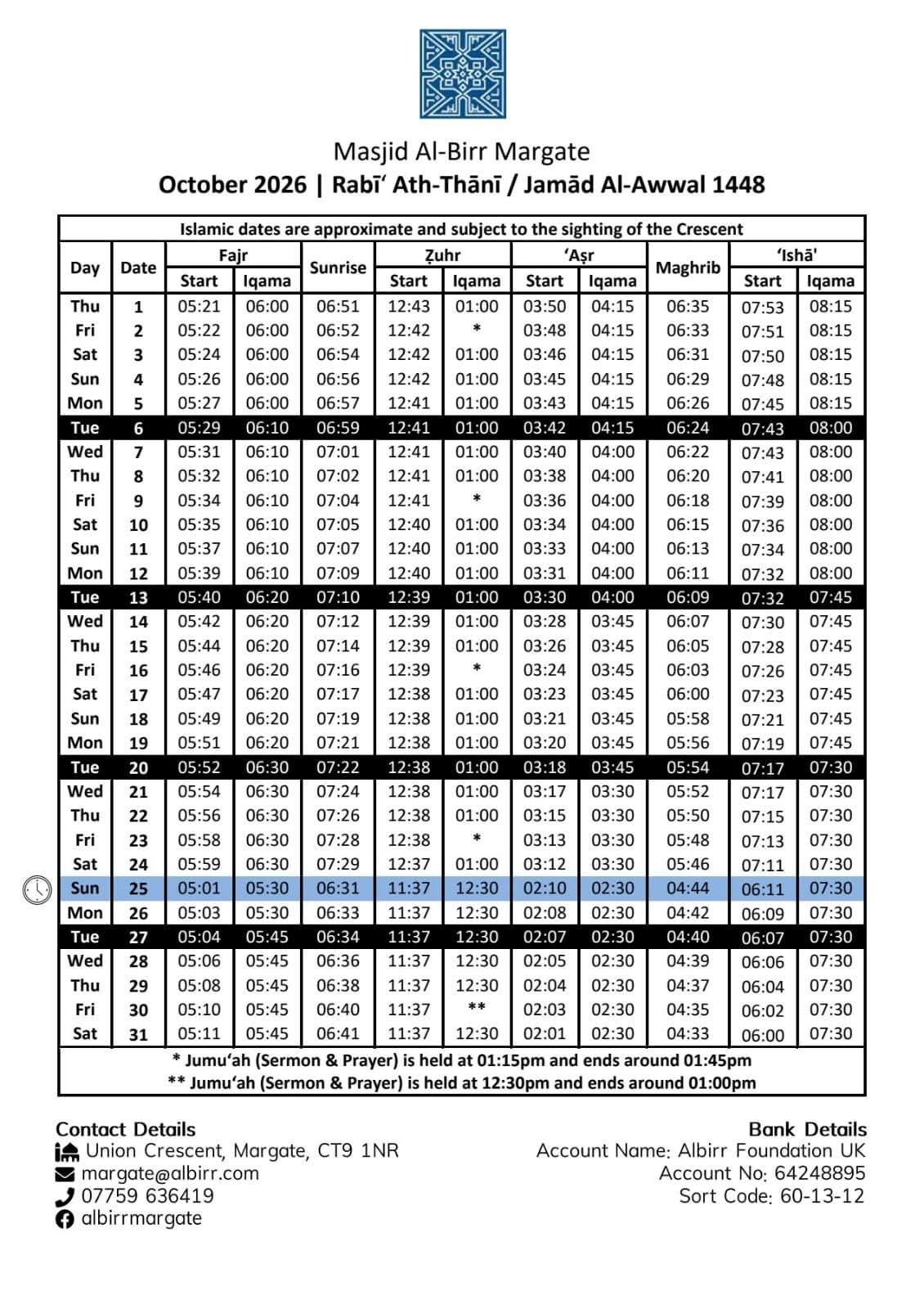 Timetable published by Masjid Al-Birr Margate for October 2026