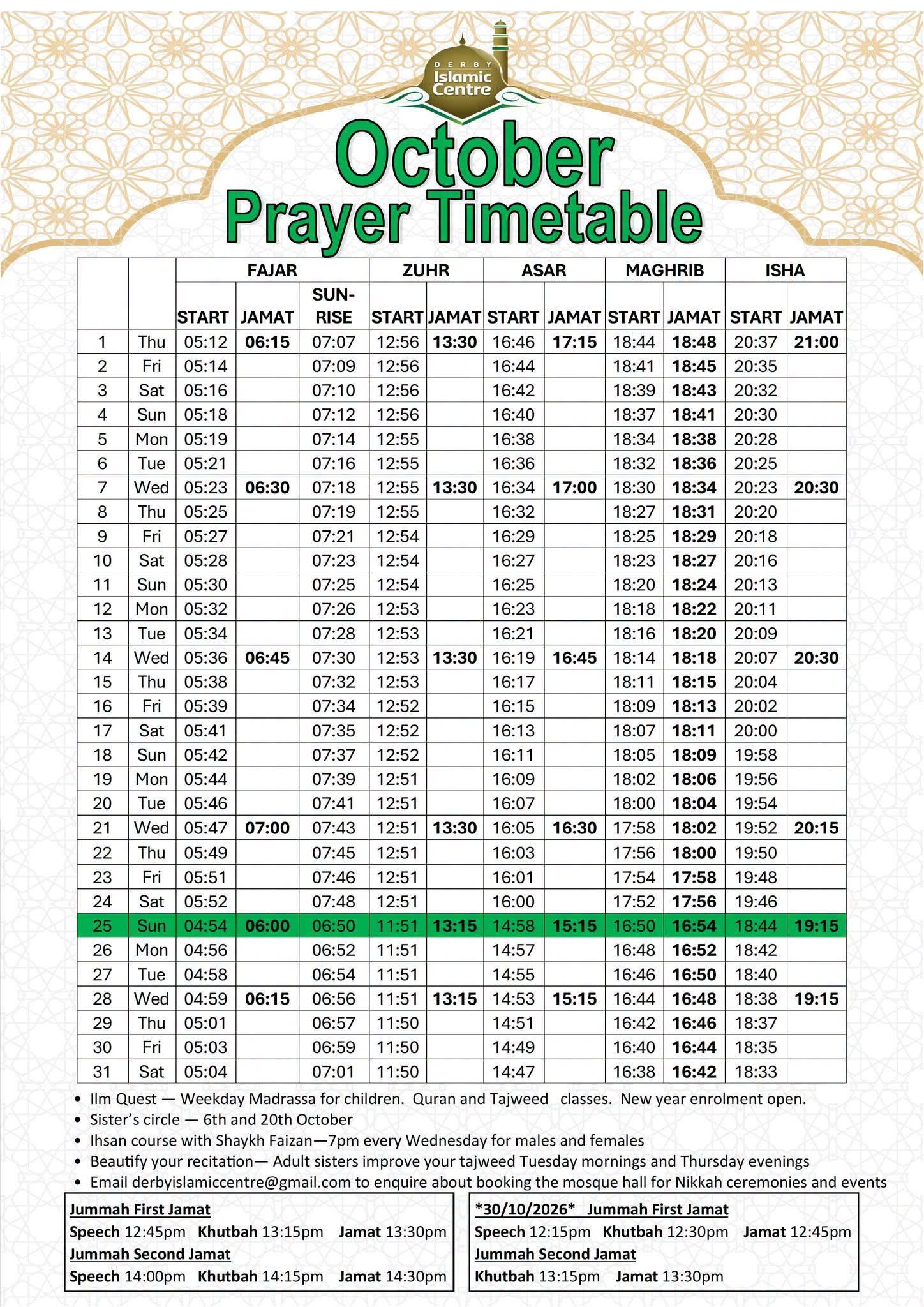 Timetable published by Derby Islamic Centre for October 2026