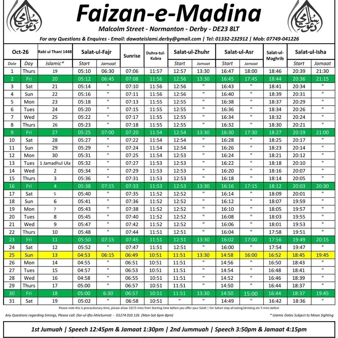 Timetable published by Faizan-e-Madina (Derby) for October 2026