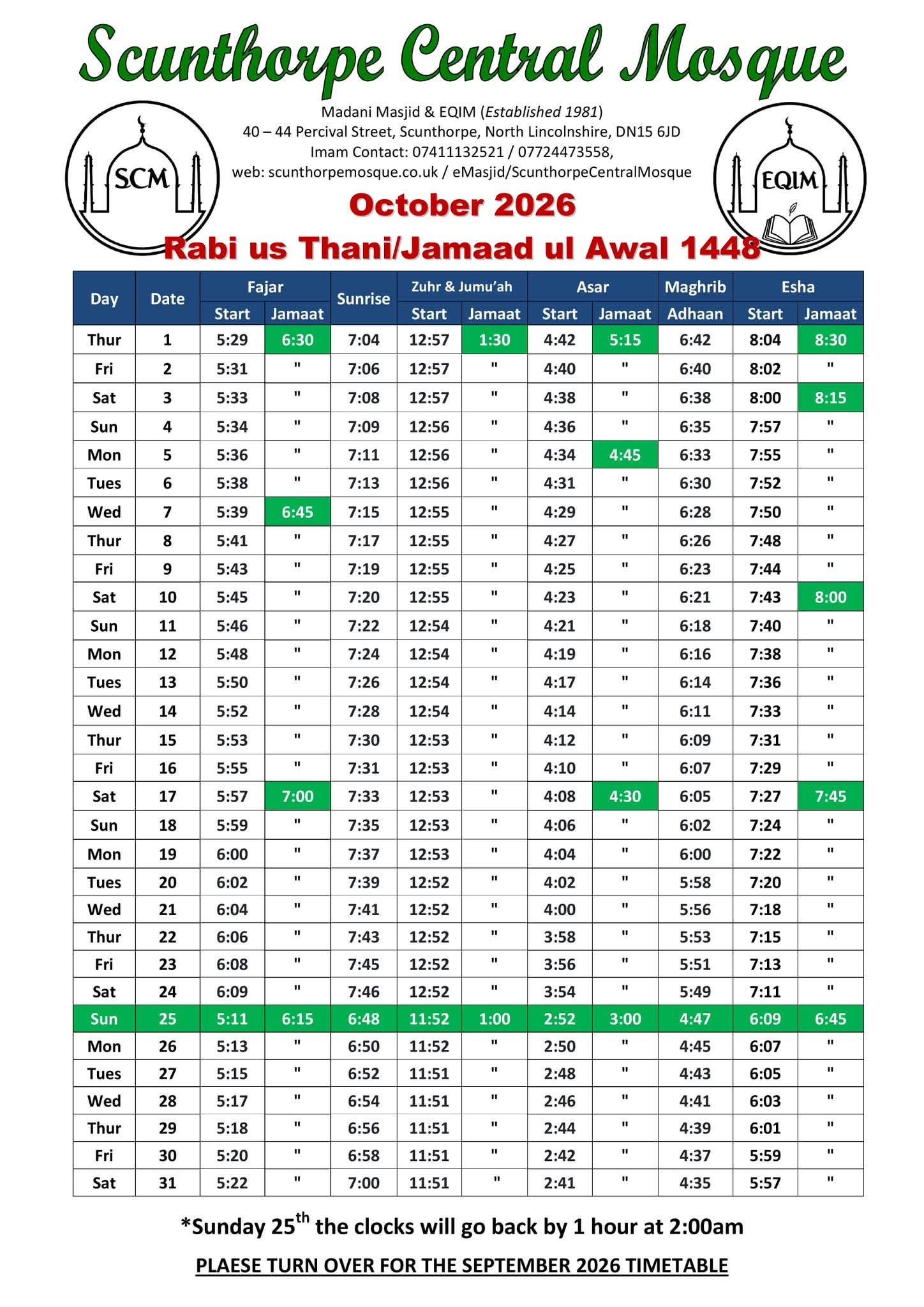 Timetable published by Scunthorpe Central Mosque for October 2026
