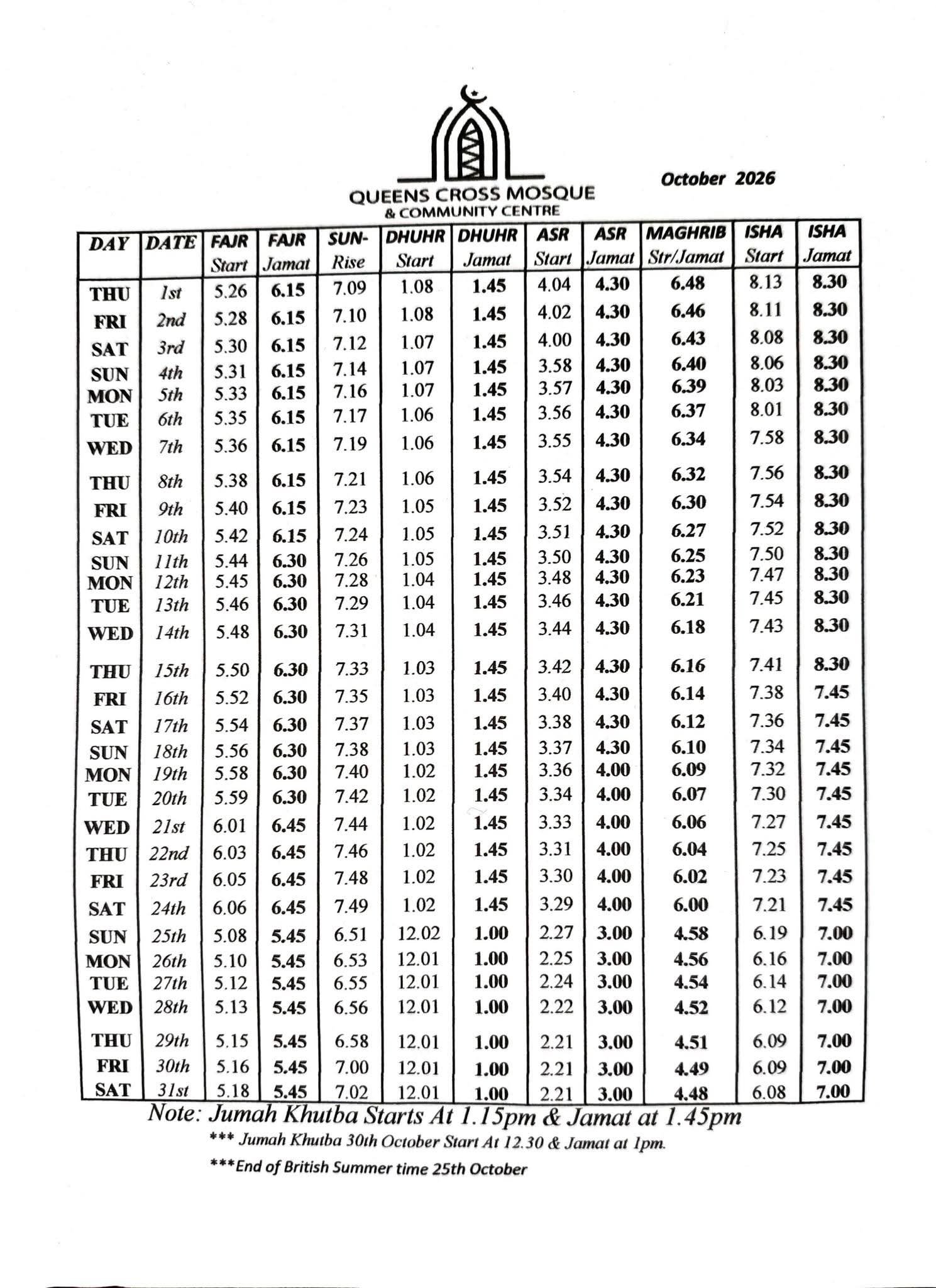 Timetable published by Queens Cross Mosque and Community Centre for October 2026