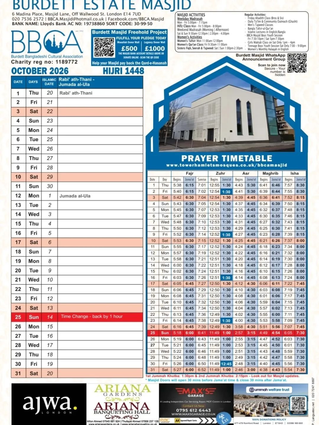 Timetable published by Burdett Estate Mosque for October 2026