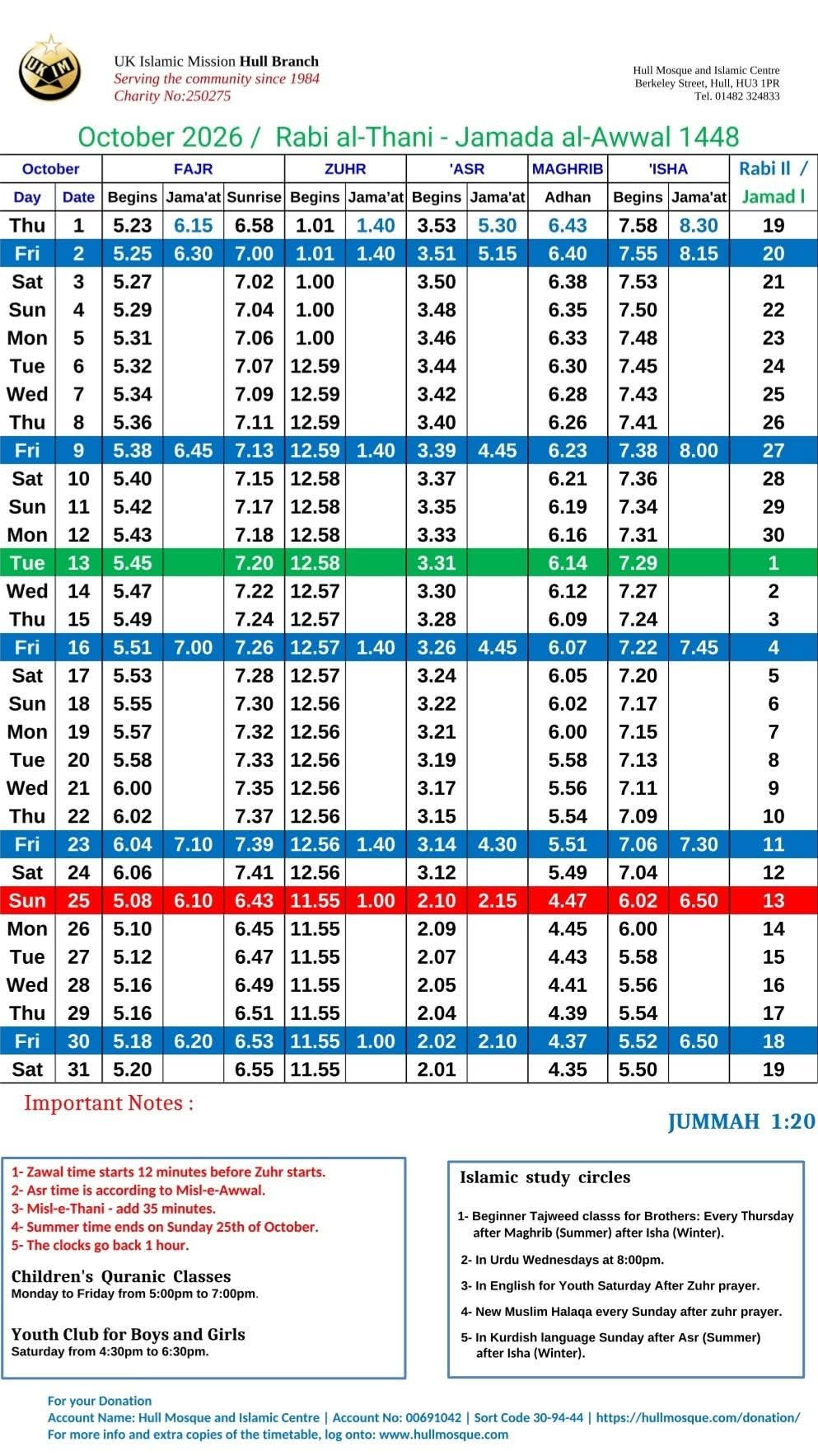 Timetable published by UKIM Hull Mosque & Islamic Centre for October 2026