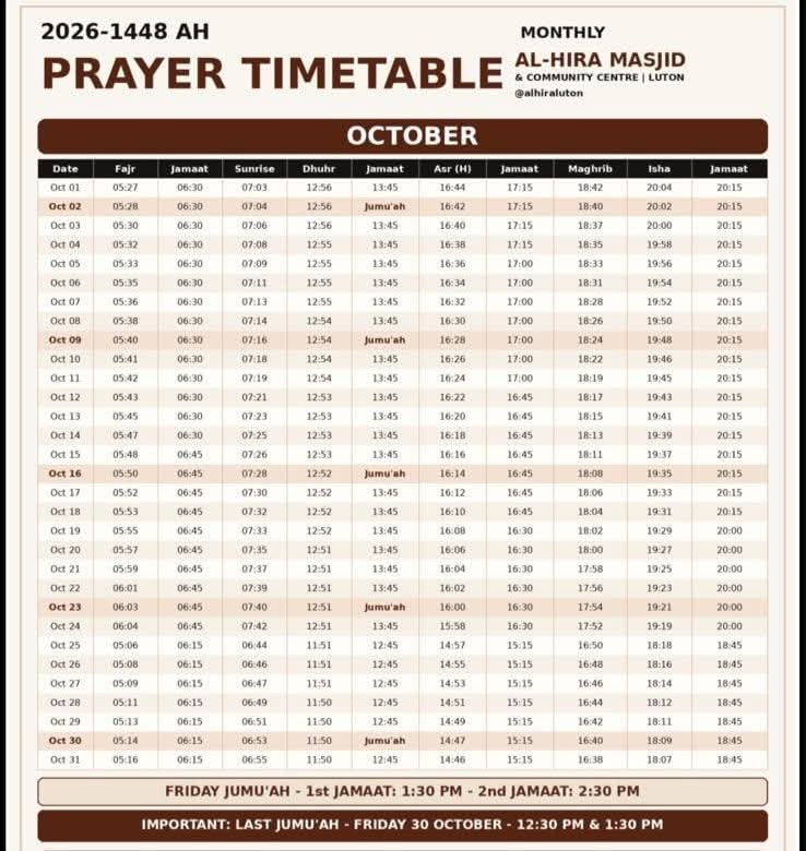 Timetable published by Al-Hira Masjid & Community Centre for October 2026