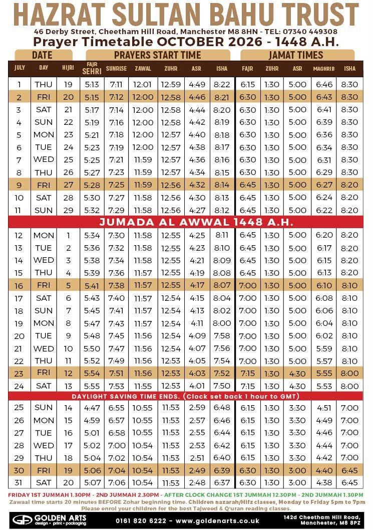 Timetable published by Hazrat Sultan Bahu Trust for October 2026