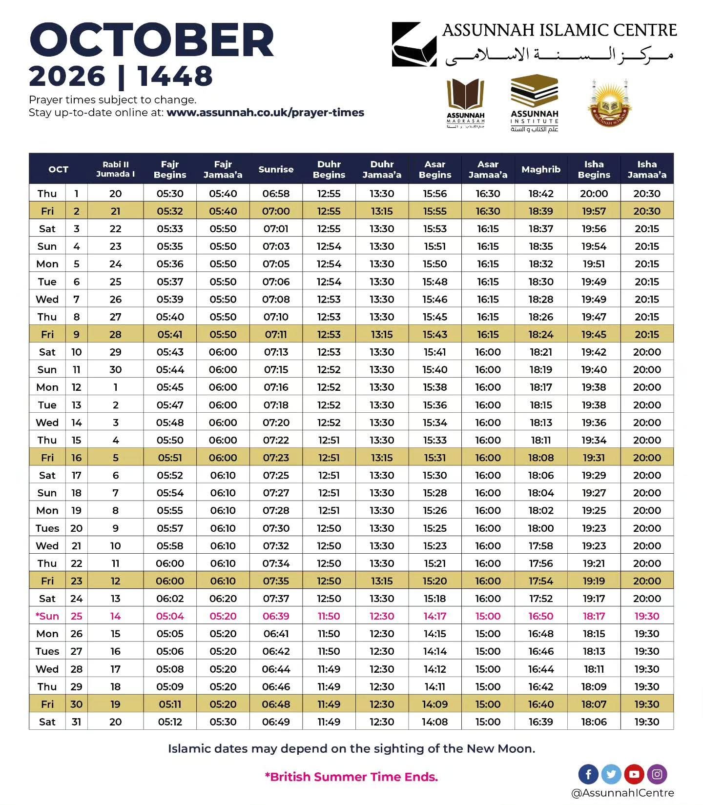 Timetable published by Assunnah Islamic Centre for October 2026