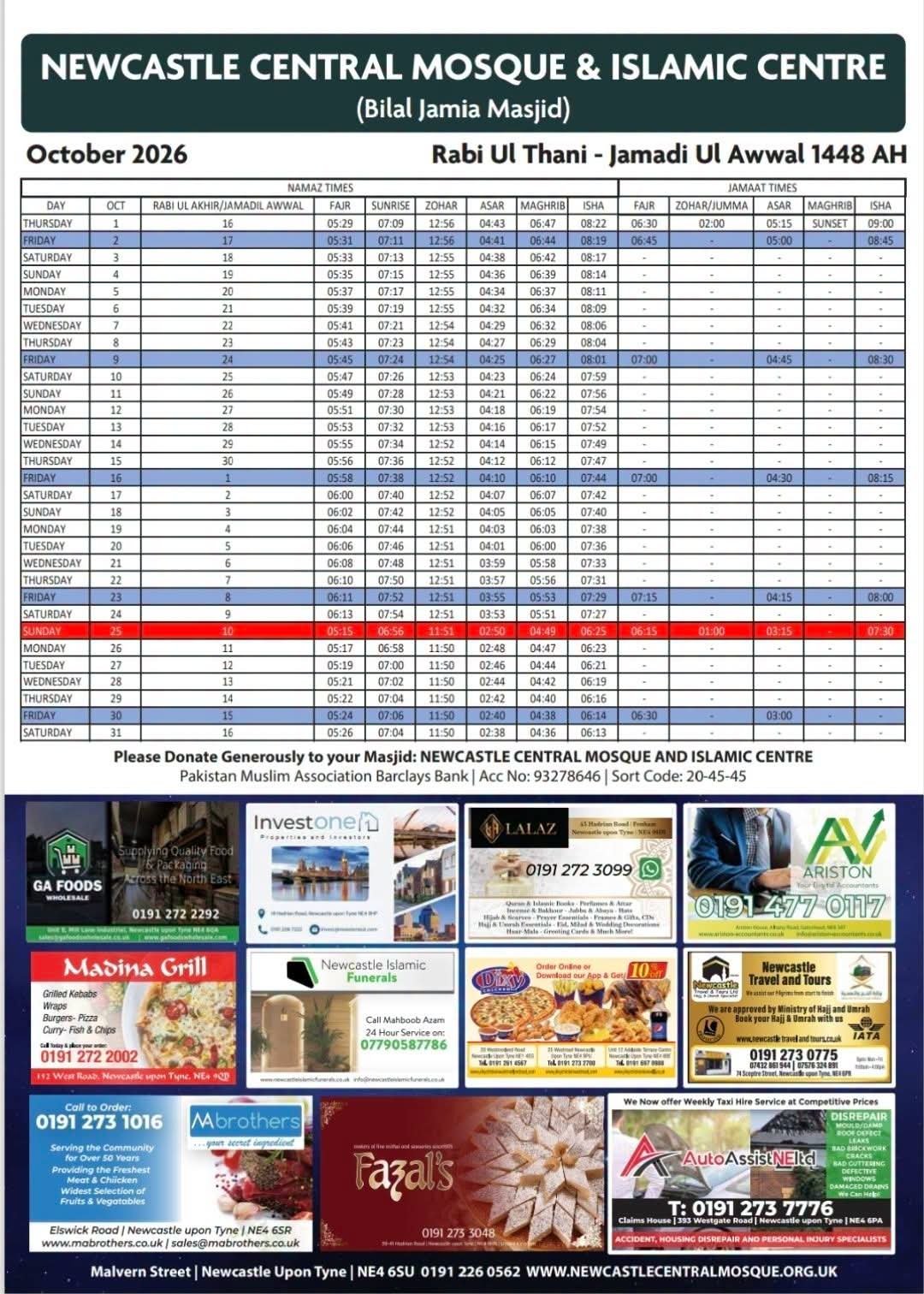 Timetable published by Bilal Jamia Masjid (Newcastle Central) for October 2026