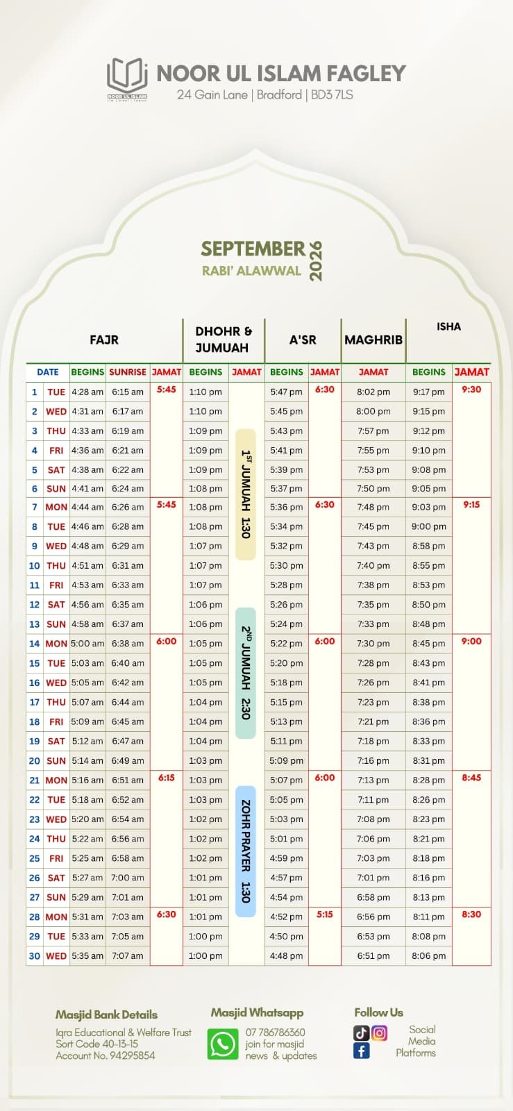 Timetable published by Noor Ul Islam (Fagley) for September 2026